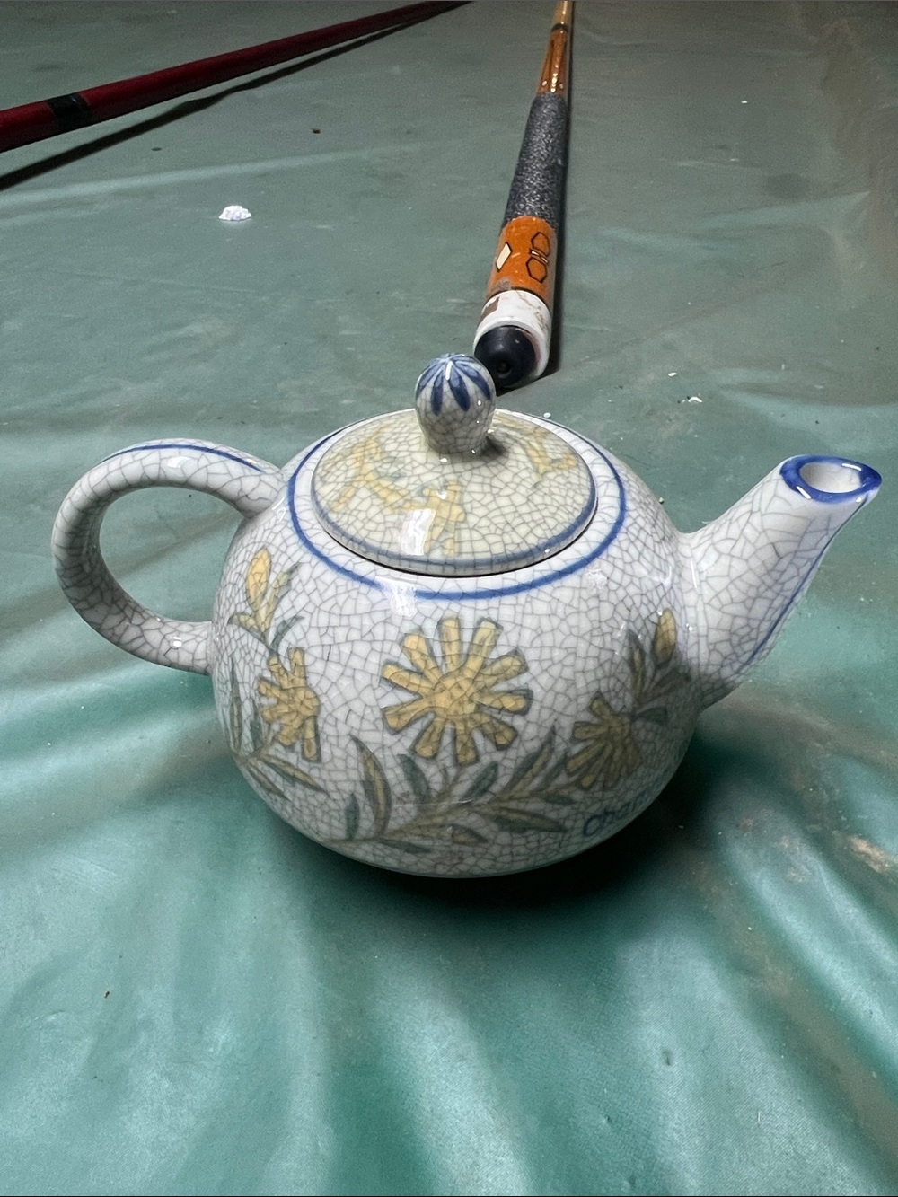 Handcrafted Crackle Glaze Floral Teapot — Blue & Yellow